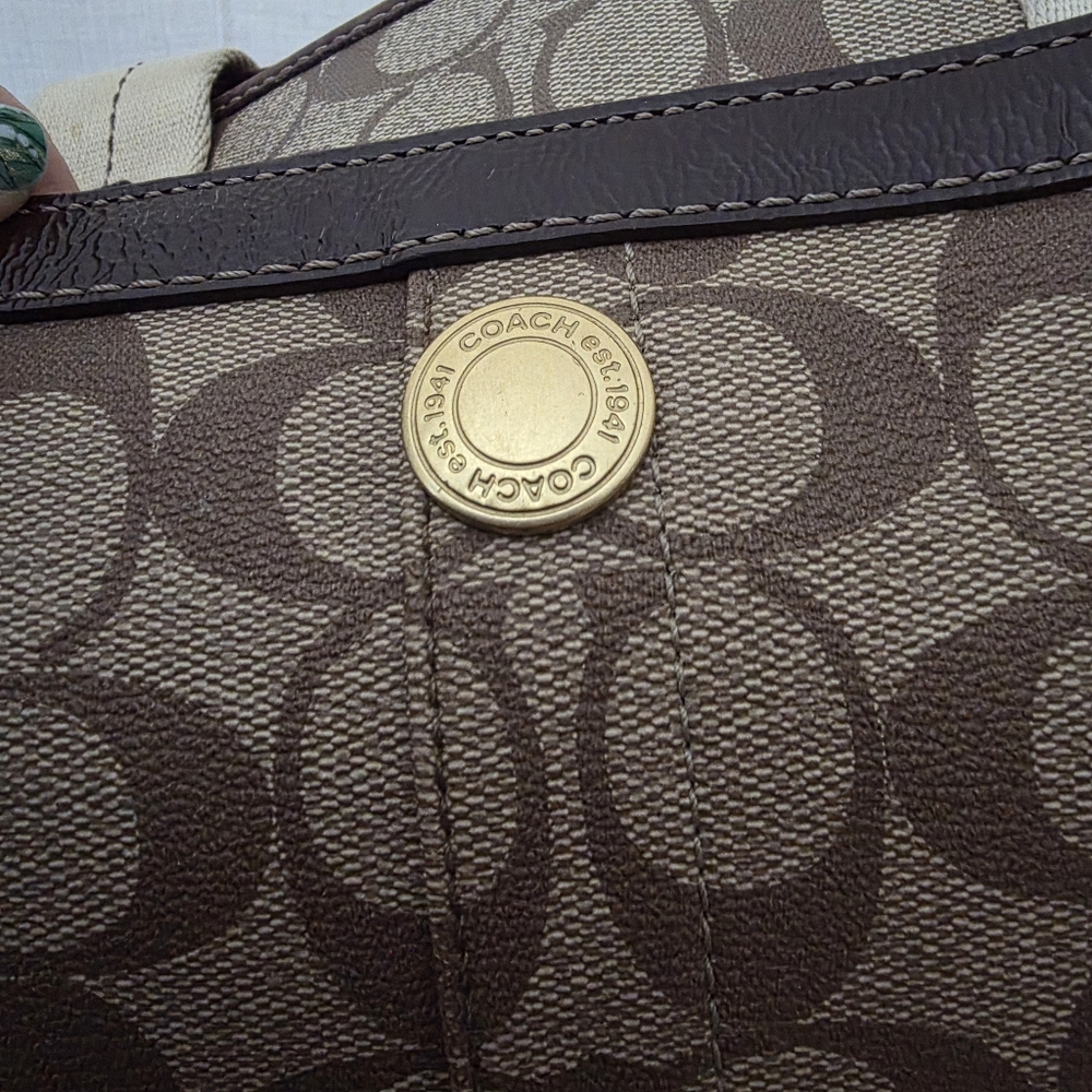 Coach Brown Signature Canvas Tote with Red Logo and Dark Brown Stripe - Picture 4 of 16